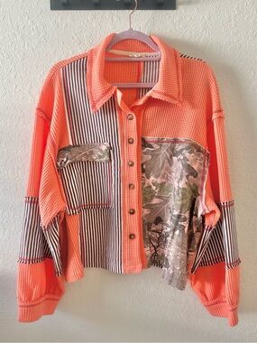 POL Button Down Patchwork Shacket with Stripes & Camo Panel